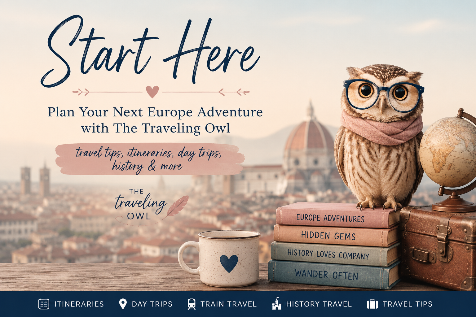 Start Here cover image for The Traveling Owl featuring a travel owl mascot, Europe travel planning tips, itineraries, day trips, train travel, history travel, and travel advice.