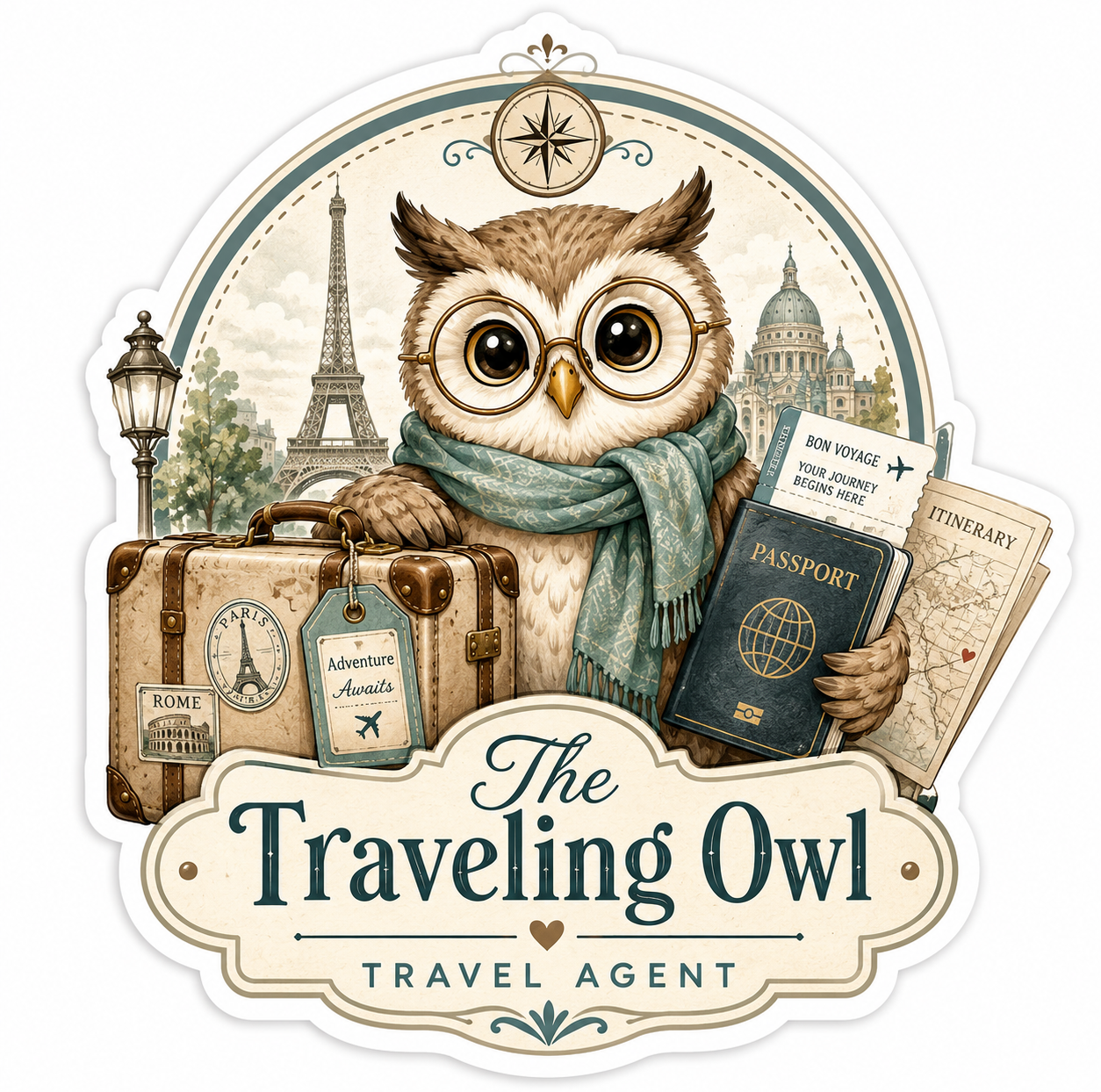 The Traveling Owl travel agent sticker featuring an owl mascot with a suitcase, passport, itinerary, and European travel landmarks